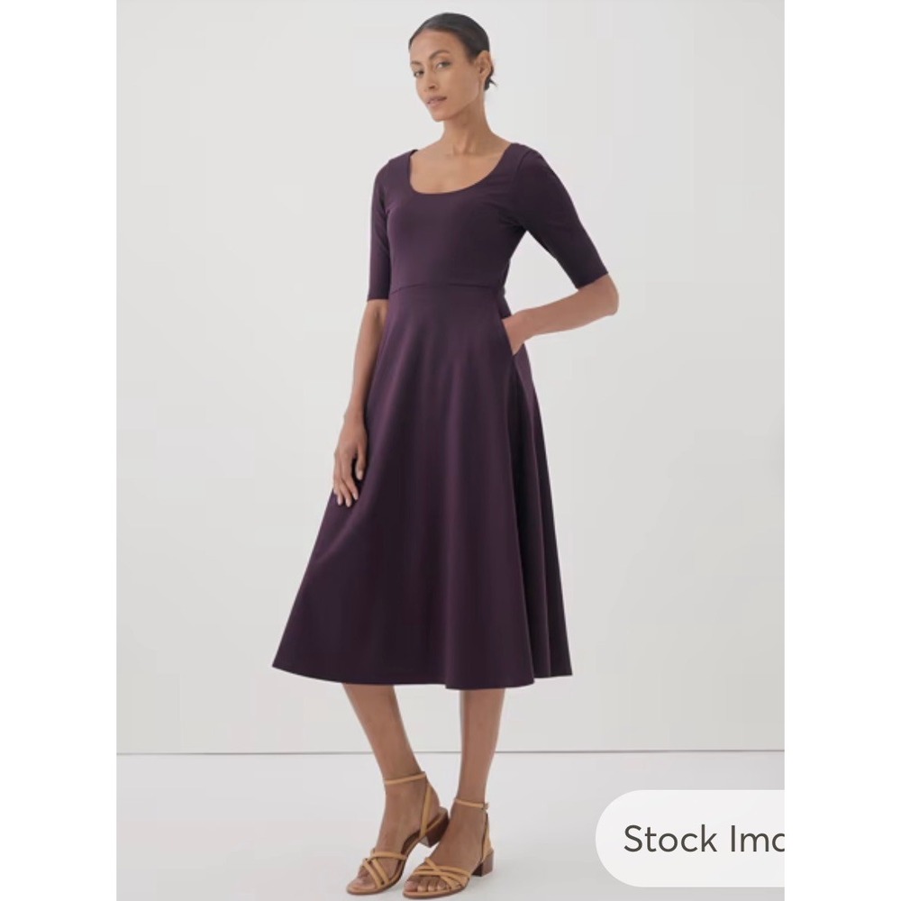 Pact Organic Cotton Fit and Flare Midi Dress Plum Purple Elbow Sleeve Small